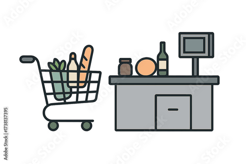 Grocery shopping scene with a cart full of food at the checkout counter. Supermarket or store purchase concept. Vector illustration of retail, commerce and consumerism.