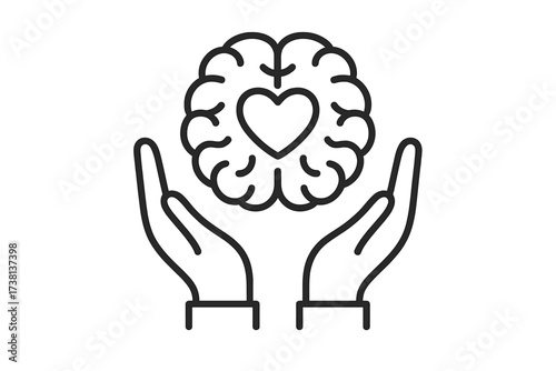 Mental health protection icon. Vector for emotional support, psychological care, brain wellness. Hands holding brain with heart, concept for empathy, compassion, and therapy.
