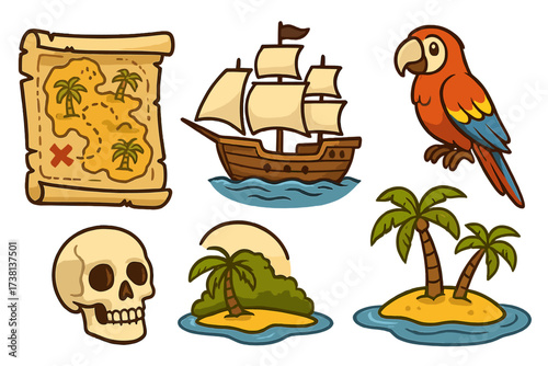 Pirate adventure elements set. Cartoon vector collection with treasure map, ship, parrot, skull, island. Sea journey icons for kids game. Isolated marine clipart illustration.