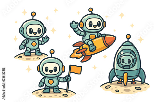 Cute robot character set for space adventure. Cartoon astronaut mascot exploring the moon, riding rocket, planting flag. Vector illustration collection for kids, future technology concept.