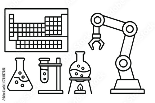 Vector line art set of science laboratory equipment. Chemistry, biology research concept. Robotic arm for automation, periodic table, flask, test tube, burner. Isolated icons.