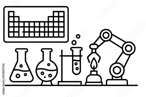 Science lab equipment set. Chemistry research concept with robotic arm, periodic table, and lab glassware. Vector line art illustration for automation in science and technology.