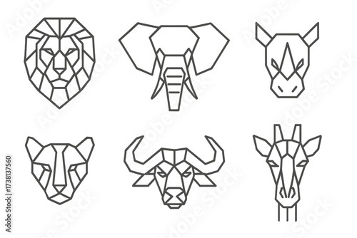 Geometric animal heads icon set. African savanna safari wildlife. Thin line editable stroke logo collection. Polygonal vector symbols of lion, elephant, rhino, cheetah, buffalo.
