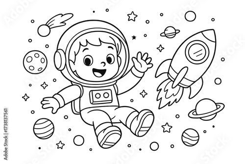 Cute astronaut child in outer space with rocket and planets. Cartoon vector line art for coloring book page. Fun galaxy adventure for kids. Black and white space illustration.