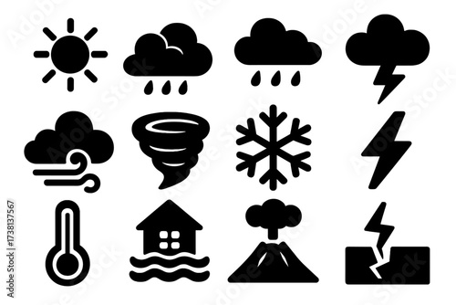 Weather forecast and natural disaster icon set. Meteorology glyph symbols. Sun, rain, cloud, wind, snow, storm, tornado, flood, earthquake, volcano vector collection.