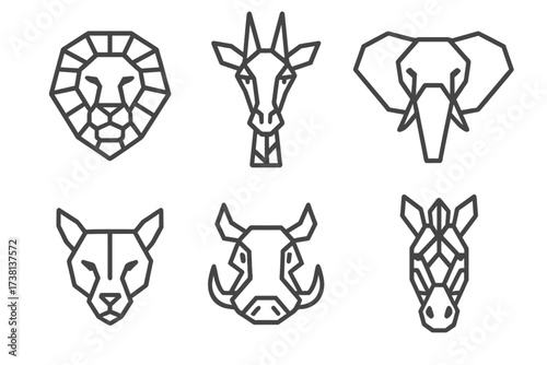 Geometric savanna animal heads icon set. Thin line safari wildlife symbols. Editable stroke vector logo pack of lion, elephant, giraffe, zebra, warthog, and cheetah heads.