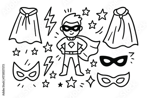 Superhero doodle set. Hand drawn vector illustration. Boy hero kid character with cape and mask. Power concept with lightning bolts, stars. Black and white cartoon clipart icons.