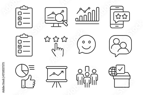 Survey and feedback line icon set. Editable stroke icons for polls, data analysis, customer satisfaction, rating, market research, questionnaire and public opinion. Vector.