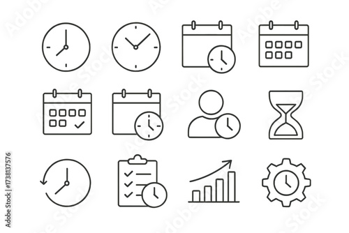 Time management line icon set. Business project planning, deadline and productivity symbols. Clock, calendar, schedule and efficiency outline vector graphic icons.