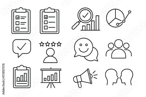 Survey and feedback line icon set. Editable stroke icons for polls, data analysis, customer satisfaction, market research, review, rating, statistics, and public opinion.