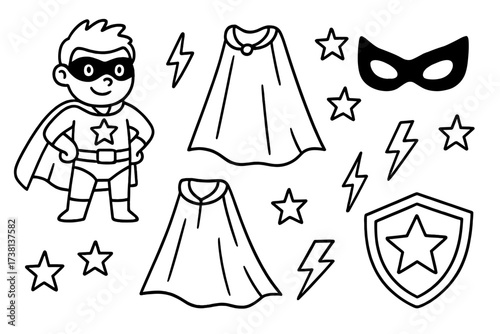 Superhero doodle icon set. Vector cartoon illustration of a hero boy, cape, mask, shield, lightning, and star elements. Black and white line art for kids party or comic theme.