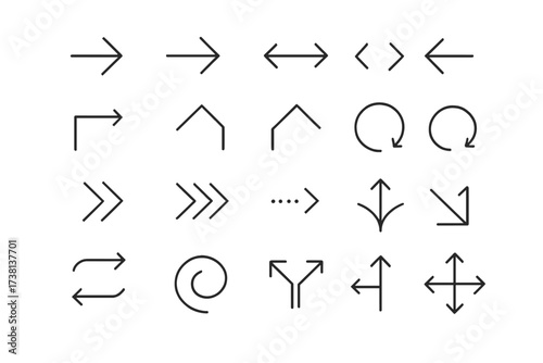 Arrows icon set. Thin line editable stroke arrow icons. Modern simple black direction symbols for navigation and web UI design. Vector graphic elements collection for app ux.