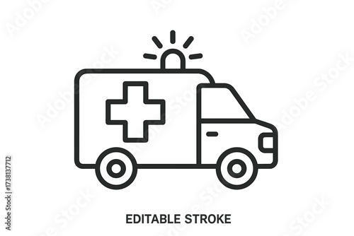 Ambulance line icon. Emergency medical service vehicle for patient transport and rescue. Paramedic van with siren and cross symbol for healthcare and first aid assistance.