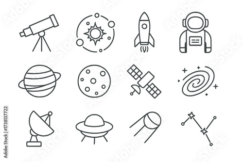 Space exploration and astronomy thin line icon set. Editable stroke vector collection of astrophysics symbols. Includes planets, rocket, astronaut, solar system and satellite.
