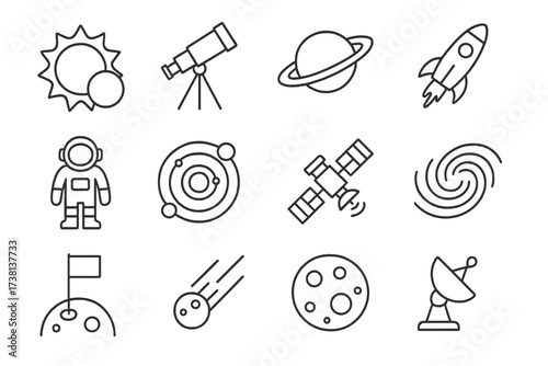 Space exploration & astronomy line icon set. Editable stroke symbols. Includes planet, rocket, astronaut, solar system, satellite, galaxy, telescope, sun, moon, meteor.