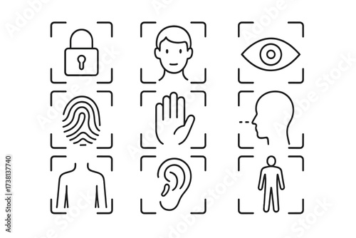 Biometrics icon set. Security authentication, personal identity verification. Face recognition, fingerprint, iris scan, hand, voice, body analysis. Digital ID access control.