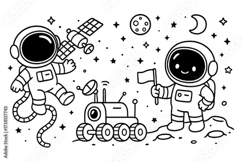 Cute astronauts exploring space in cartoon kawaii style. Spaceman landing on moon with rover and flag. Cosmos adventure with satellite and planets. Kids coloring page line art.