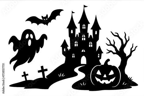 Halloween spooky scene silhouette with haunted castle, ghost, bat, and pumpkin. Scary horror night landscape with cemetery and creepy tree. Vector icon set for holiday design.