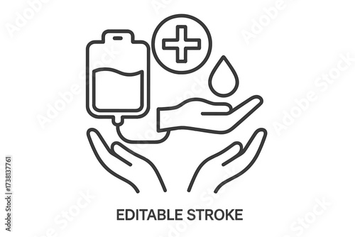Blood donation icon concept for medical care and humanitarian aid. Health service, support, and charity symbol. Vector line art of hands, blood bag, and drop for saving a life.