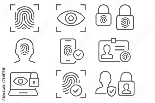 Biometrics icon set for authentication and security. Vector thin line icons. Fingerprint scan, face recognition, iris scanner for identification. Access control and verification.