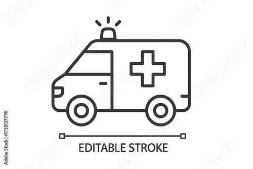 Ambulance icon for emergency medical services. Thin line vector of a rescue vehicle for hospital transport. Paramedic car symbol for first aid and healthcare assistance.
