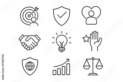Core values thin line icon set. Business ethics and company principles vector collection. Icons for integrity, mission, trust, innovation, collaboration, quality and growth.
