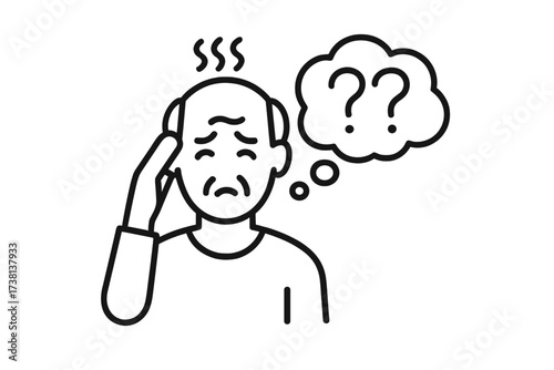 Senior man confused icon. Memory loss, Alzheimer's disease, and dementia concept. Elderly person with question marks in thought bubble. Cognitive decline, mental health disorder.