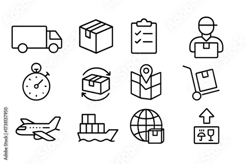 Logistics and delivery service icon set. Vector thin line symbols for shipping, transport, and freight. E-commerce, package tracking, cargo, courier, and distribution signs.