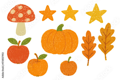 Crayon scribble texture autumn elements set. Hand drawn childish illustration for fall season. Vector cartoon collection with mushroom, stars, apples, pumpkin, oak leaves.