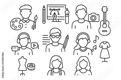 Creative jobs line icon set. Editable stroke vector icons for arts, design, media, music, and fashion professions. Artist, writer, vlogger, photographer, musician career symbols.