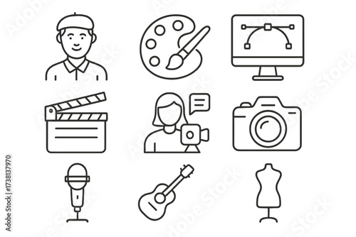 Creative jobs icon set. Thin line vector art. Editable stroke icons for artist, design, media, content, music, fashion professions. Vlogger, photographer, filmmaker career.