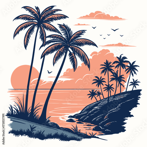 A serene tropical landscape featuring palm trees and a sunset view