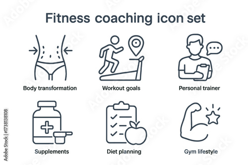 Fitness coaching thin line icon set. Vector symbols for body transformation, workout goals, personal trainer, supplements, diet planning, gym lifestyle, health, and exercise.