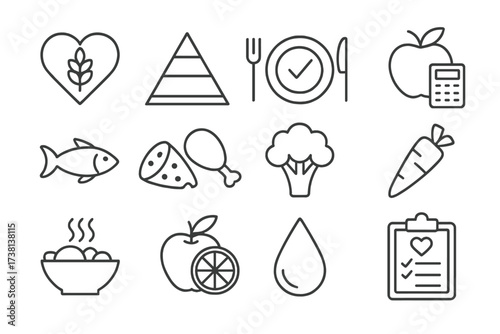 Food and nutrition icon set with editable stroke. Thin line vector symbols for healthy eating, diet balance, food categories, calorie counting, fresh produce, and meal plans.