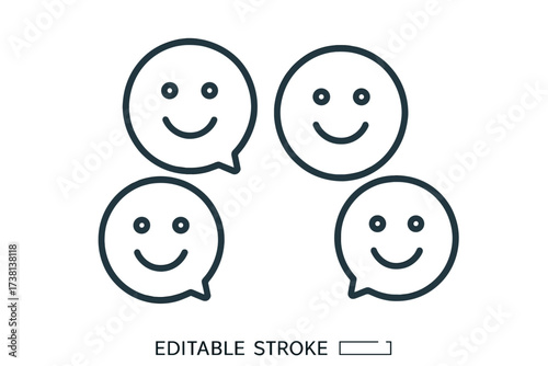 Happy faces in speech bubbles icon for positive feedback, social interaction, and joyful communication. Customer review and satisfaction concept. Vector thin line illustration.