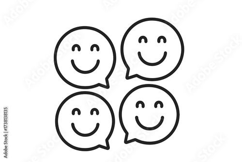 Happy faces in speech bubbles icon set. Positive feedback and customer satisfaction concept. Joyful communication, social interaction, and community review. Thin line vector.