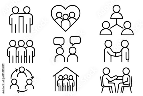 Friendship and social connections icon set. Thin line editable stroke icons for relationships, teamwork, networking, community, communication, family, business, partnership, love.