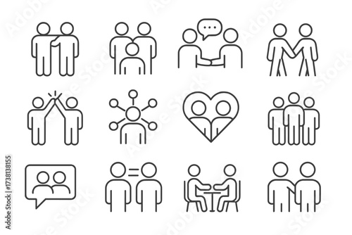 Friendship and social connections thin line icon set. Editable stroke icons for relationship, teamwork, networking, community, communication, friend interactions, love, group.