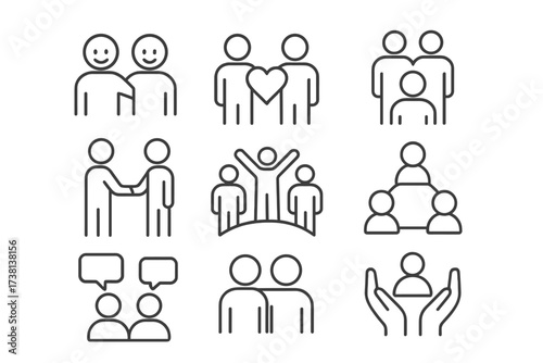 Friendship and social connections icon set. Thin line icons for relationship, teamwork, community, communication, family, love, support, care, partnership, unity, collaboration.
