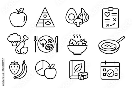 Healthy eating line icon set. Food nutrition symbols. Diet plan, meal prep, food pyramid, fresh produce, ingredients, calorie control, weight loss, balanced diet, wellness.