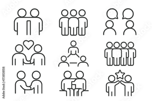 Friendship and social connection thin line icon set. Vector symbols for relationships, teamwork, networking, community, communication, group interaction, love, and support.