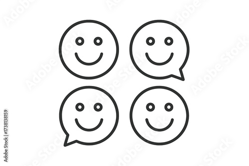 Happy face icons in speech bubbles. Vector line art for positive feedback, customer satisfaction, good review. Symbol of joyful communication, social interaction, and support.
