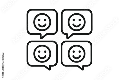 Four happy faces in speech bubbles. Positive feedback, customer review, good experience. Concept of satisfaction, social interaction, joyful communication, support rating.