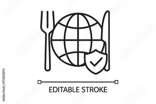 Global food security vector line icon. World hunger relief, safe nutrition supply and protection concept. Globe with fork, knife and shield with check mark illustration.