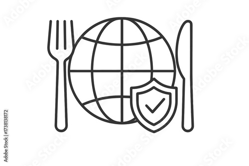 Global food security and nutrition safety icon. Globe with fork, knife, and shield. Worldwide hunger relief, safe food supply chain, and quality protection concept vector line art.