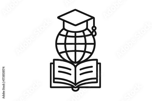 Global education concept icon. Worldwide studies, international learning, knowledge and graduation symbol. University scholarship, academic degree. Line art vector illustration.