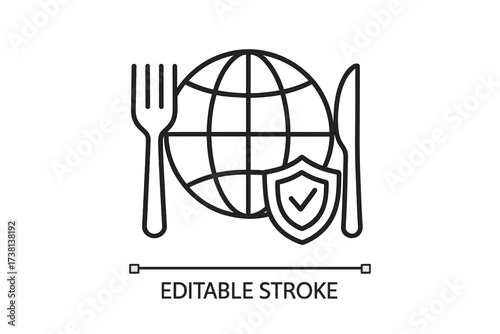 Globe with fork, knife, and shield icon. Global food security, nutrition protection, safe supply, hunger relief. International food safety standard, quality control concept.