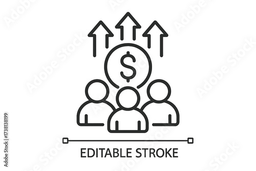 Fundraising teamwork concept icon. Crowdfunding and community investment for financial growth. Collective support with people, dollar coin, and arrows up. Editable stroke vector.
