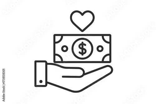 Hand giving dollar money with heart icon. Concept of donation, charity, financial support, kindness, and generosity. Funding, sponsorship, and helping hand metaphor.