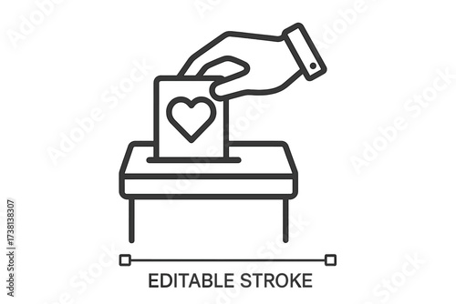 Donation and charity icon. Hand putting heart card in a box. Metaphor for love, support, solidarity, help and care. Fundraising and volunteering concept. Vector line design.